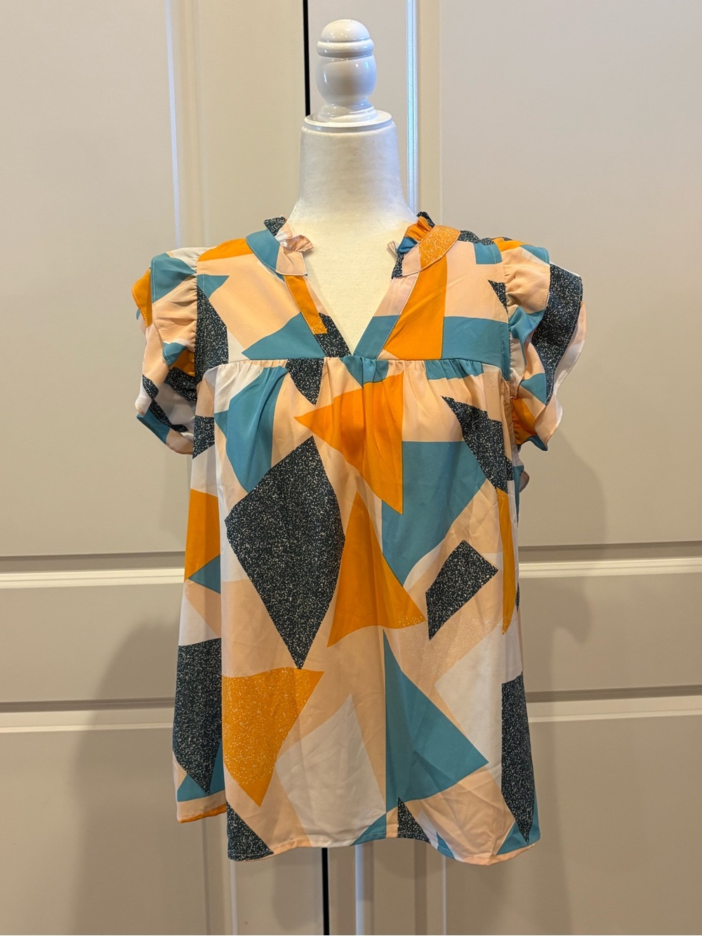 Geometric Print Ruffle-Sleeve Top - Yellow & Teal